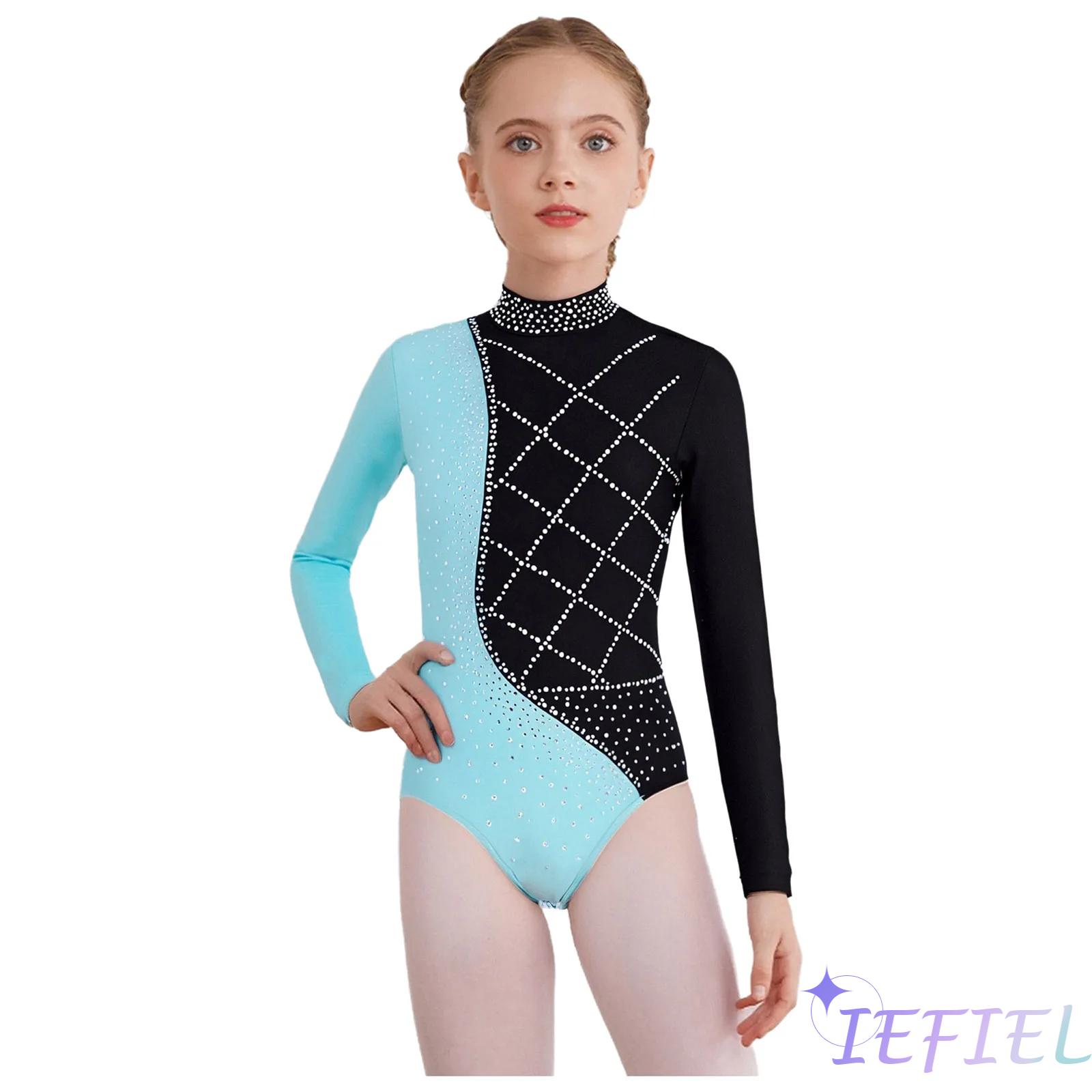 Yoga Pilates Girl - 女の子用光沢のあるラインストーン体操リリカルダンスレオタードモックネック長袖ボディスーツバレエピラティスヨガダンス練習用