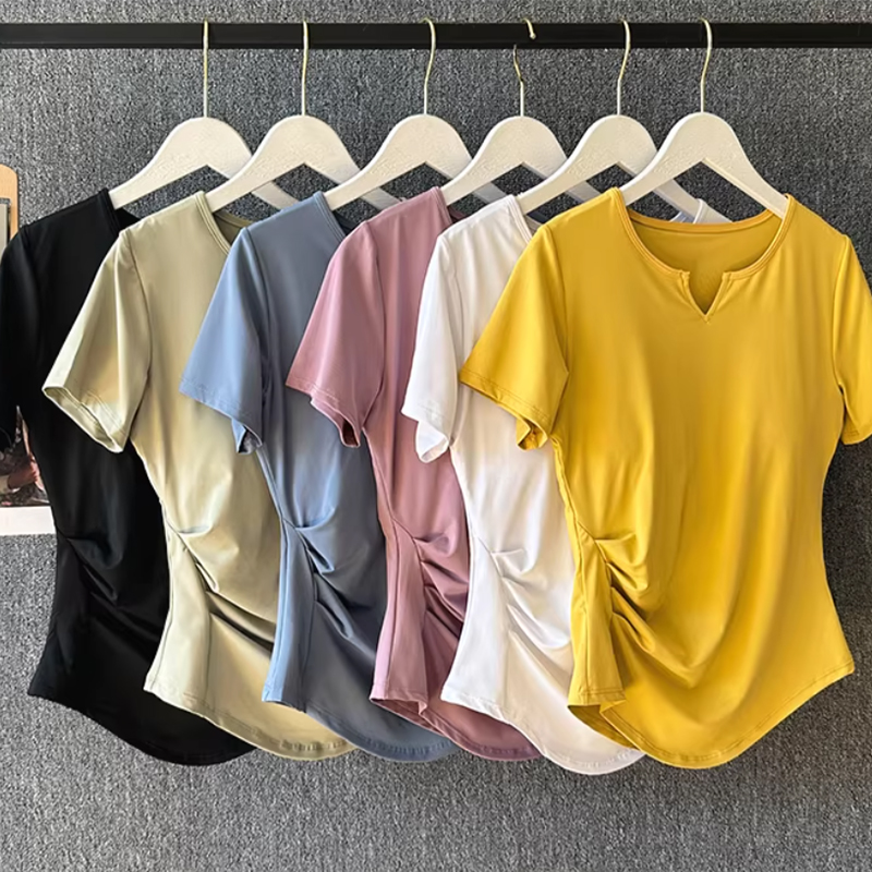 Pilates Yoga Clothes - 女性用ヨガウェア 夏用ピラティストレーニングフィットネストップ 高級スポーツランニングセット 半袖速乾Tシャツ