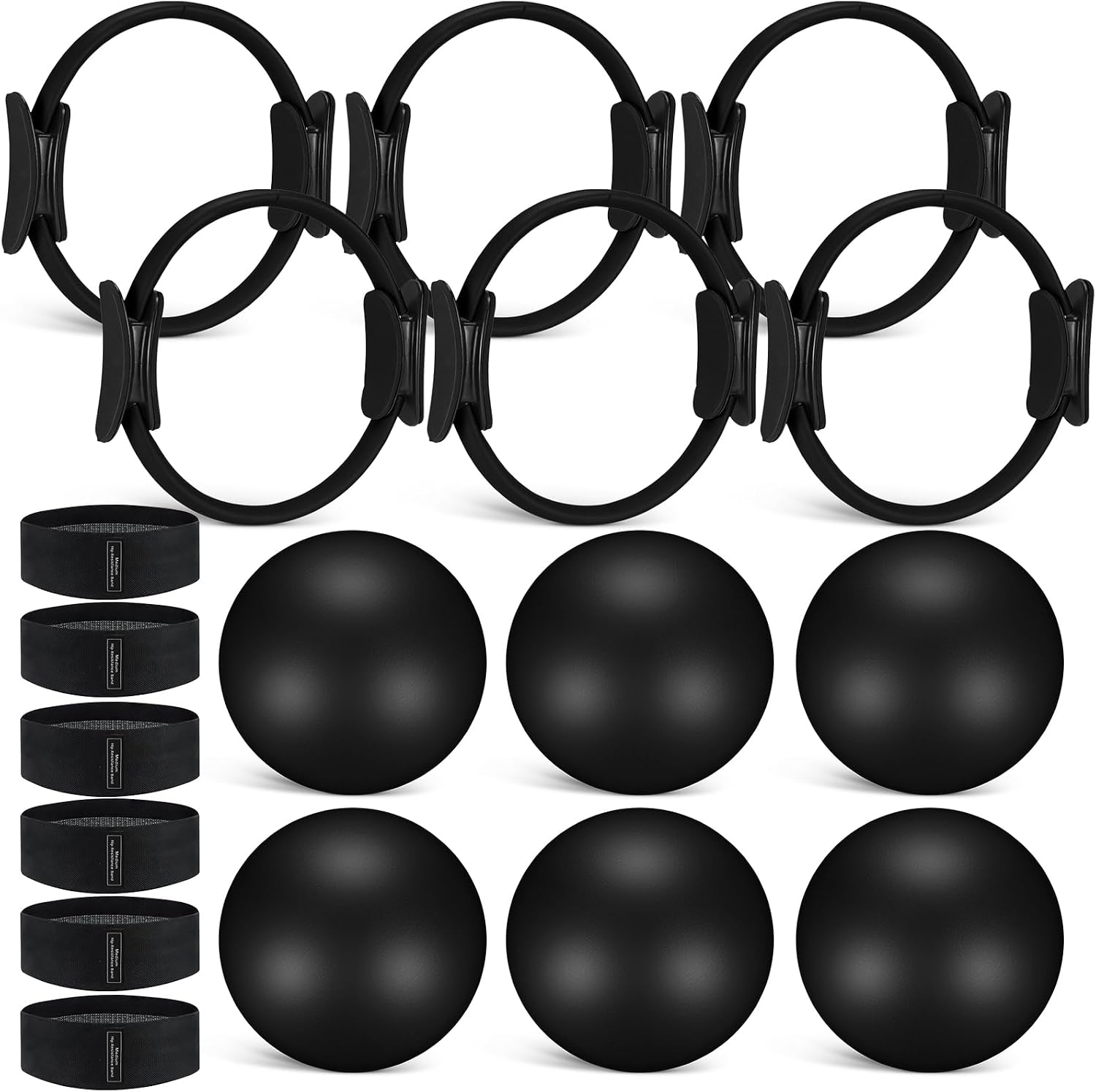 Pilates Yoga Tone - 18個入りピラティスリング＆ボールセット、レジスタンスバンド付き、マジックサークルエクササイズリング、ミニヨガボール、ワークアウトループバンド、筋力トレーニング、体幹強化、柔軟性向上、ホームジム用、パープル・ブルー・ピンク 18個パック