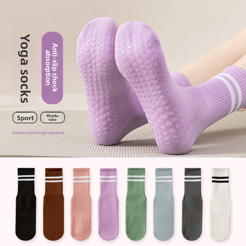 Yoga Pilates Girl - あの女の子用ミッドカーフ丈ダブルストライプハイアンクルソックス、シリコンドット滑り止めヨガピラティス室内ワークアウトソックス