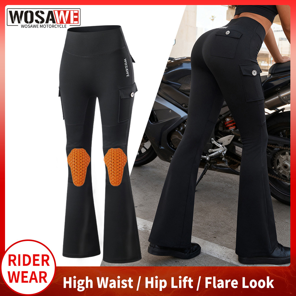 Pilates Yoga Knee Pads - WOSAWE 女性用オートバイフレアパンツ ブーツカットパンツ 取り外し可能な膝パッド付き モトファッション ストリートウェア